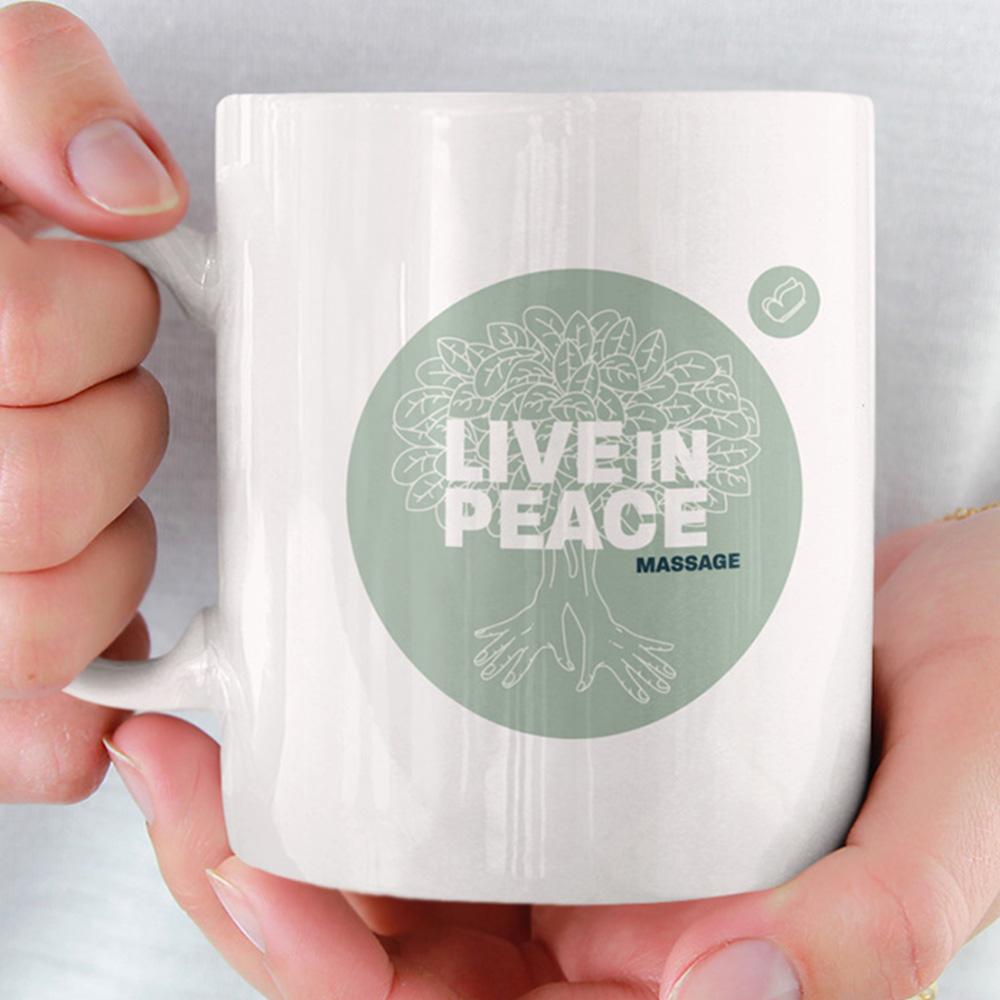 Live in peace logo on a mug hook and pixel reno nevada